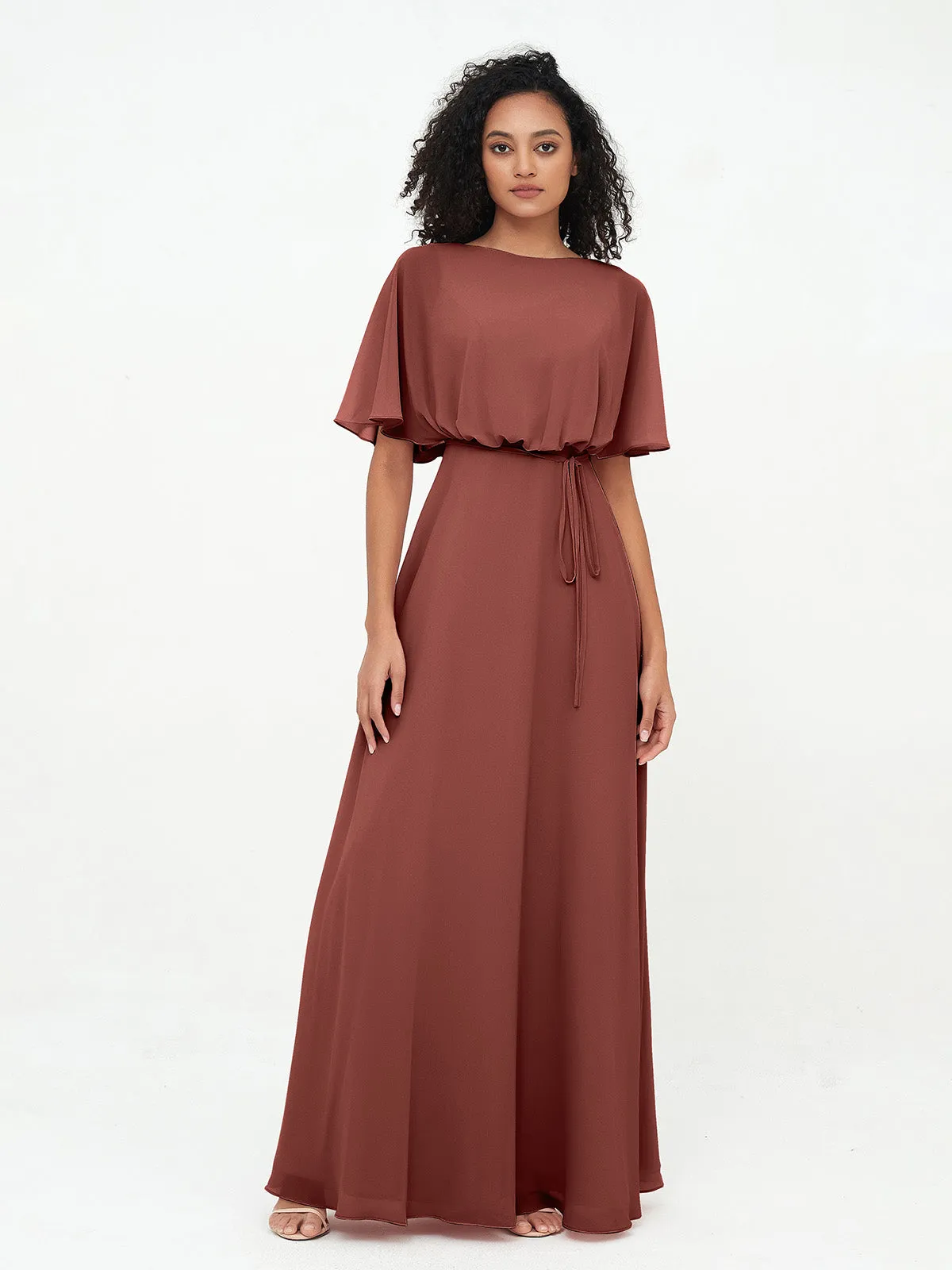 Chiffon Full Length Bridesmaid Dresses with Wrap Terracotta Plus Size