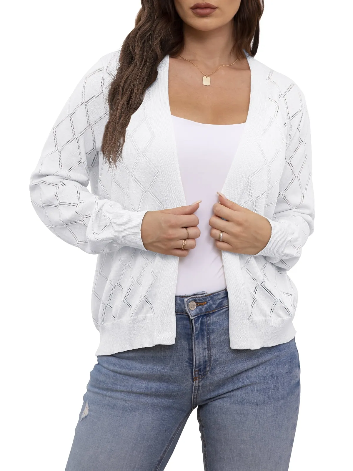 CPOKRTWSO Women's Lightweight Cardigan Open Front Long Sleeve Hollow Out Sweater (S-XXL)