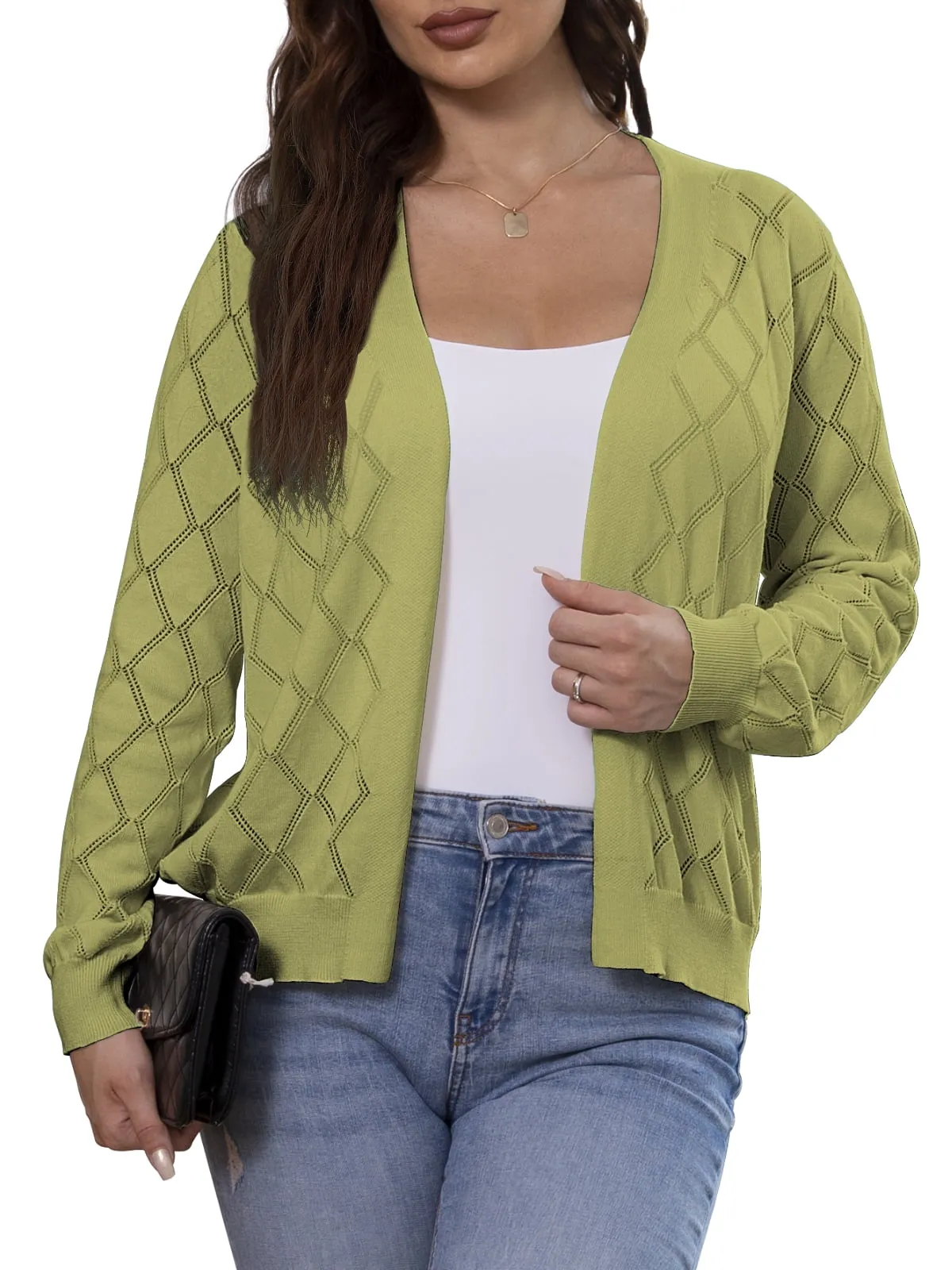 CPOKRTWSO Women's Lightweight Cardigan Open Front Long Sleeve Hollow Out Sweater (S-XXL)