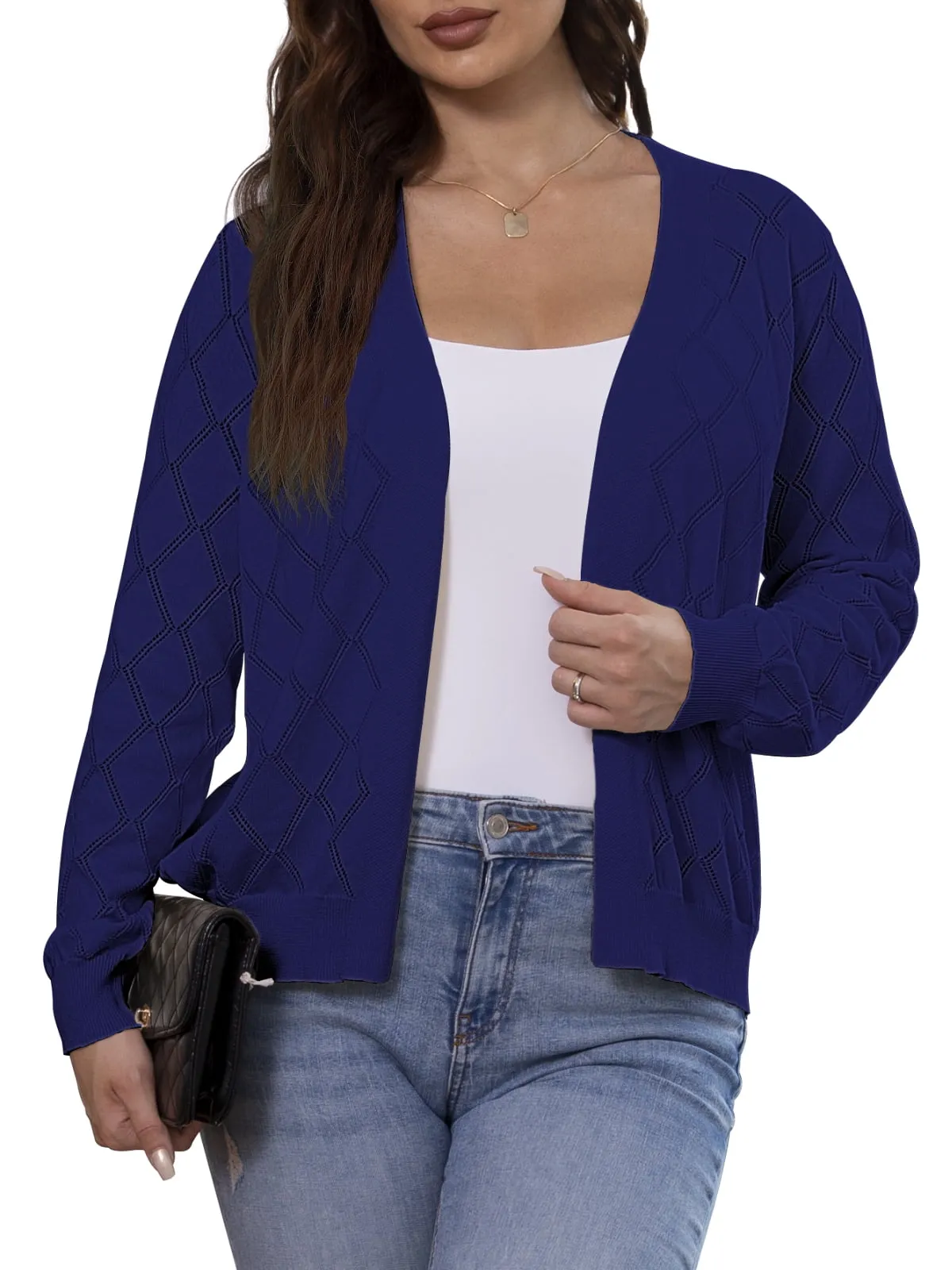 CPOKRTWSO Women's Lightweight Cardigan Open Front Long Sleeve Hollow Out Sweater (S-XXL)