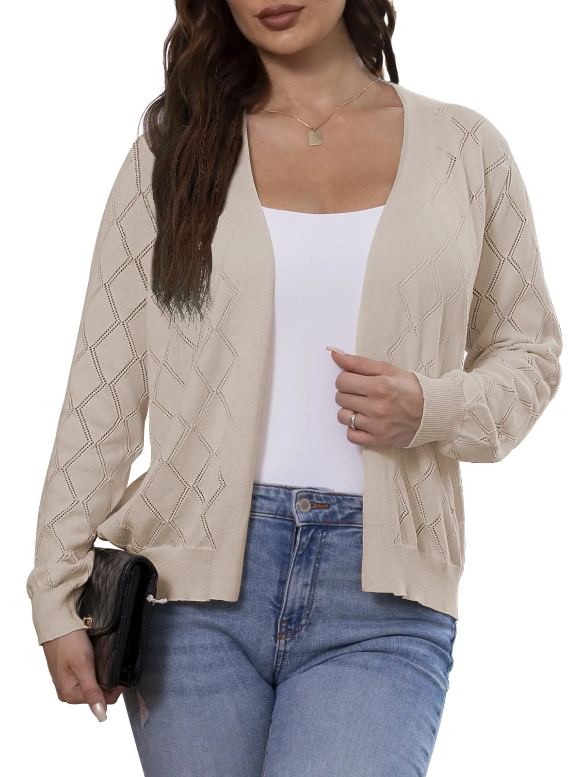 CPOKRTWSO Women's Lightweight Cardigan Open Front Long Sleeve Hollow Out Sweater (S-XXL)