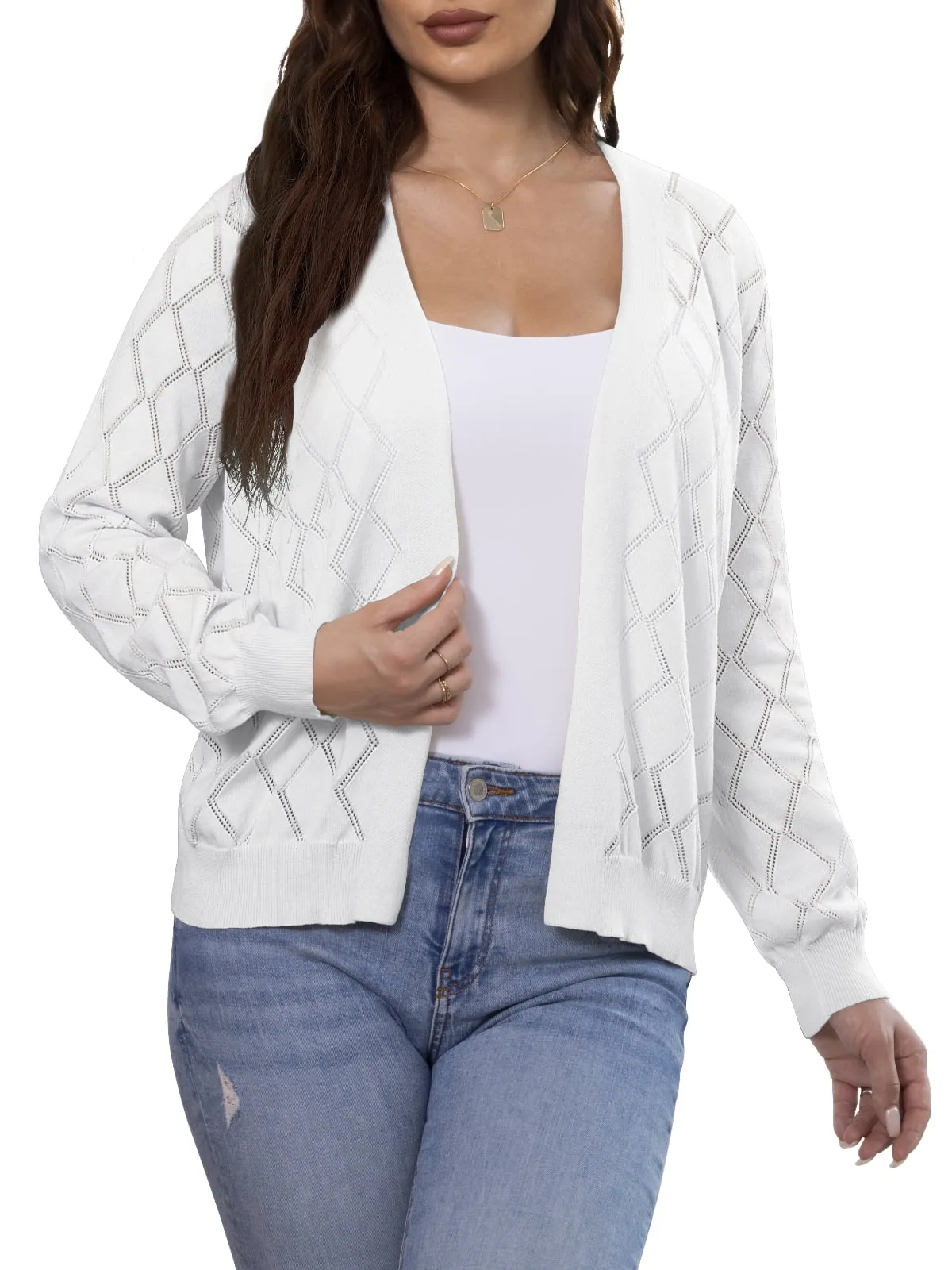 CPOKRTWSO Women's Lightweight Cardigan Open Front Long Sleeve Hollow Out Sweater (S-XXL)