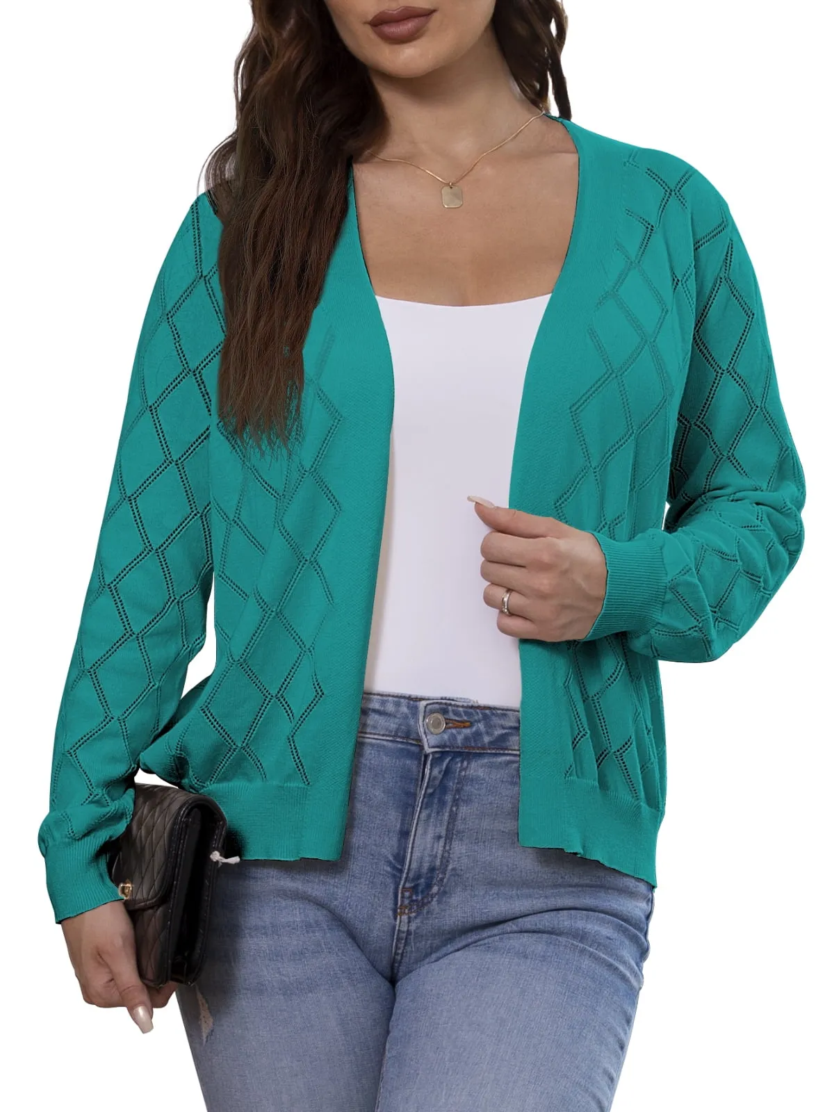 CPOKRTWSO Women's Lightweight Cardigan Open Front Long Sleeve Hollow Out Sweater (S-XXL)