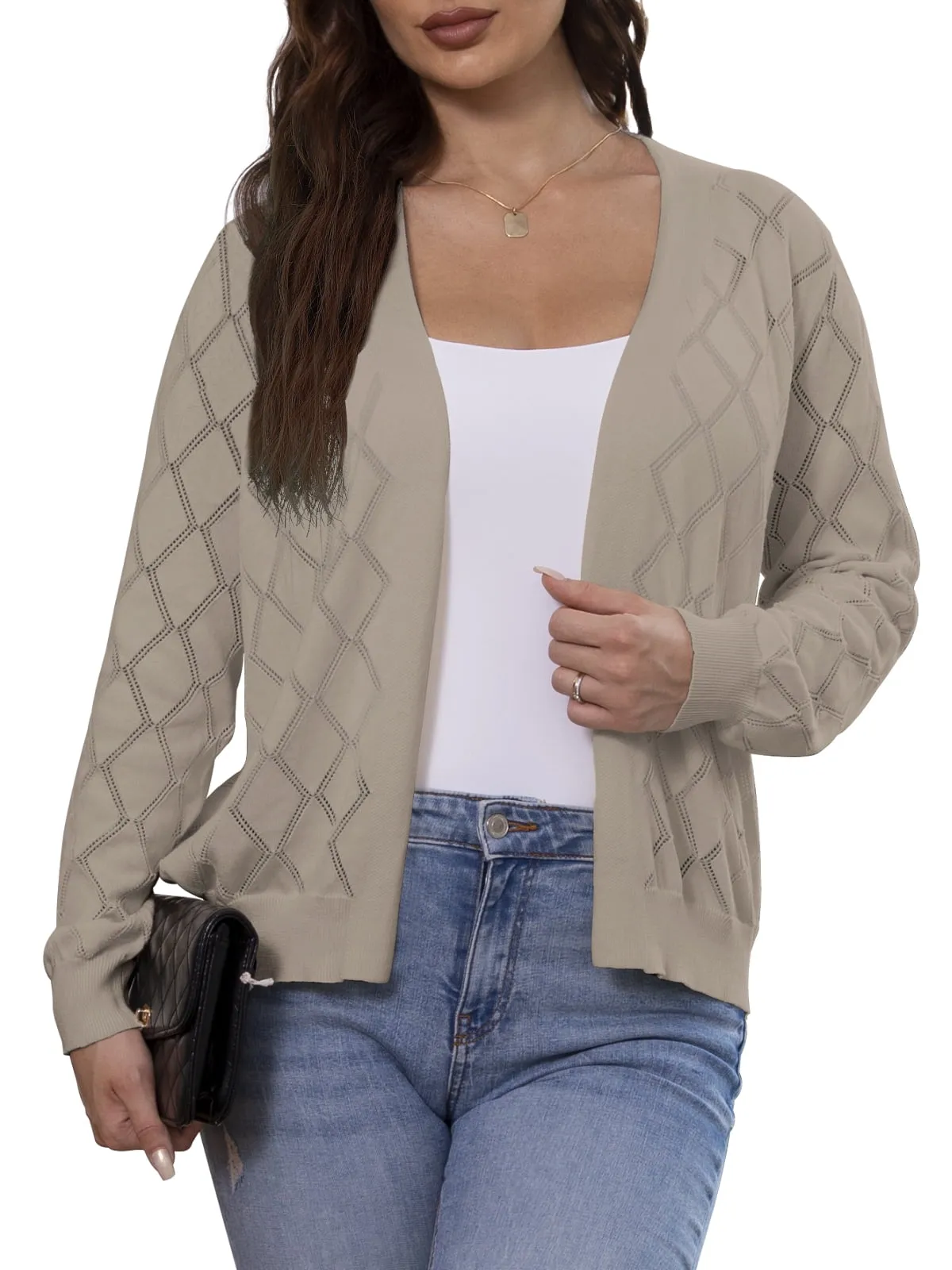 CPOKRTWSO Women's Lightweight Cardigan Open Front Long Sleeve Hollow Out Sweater (S-XXL)