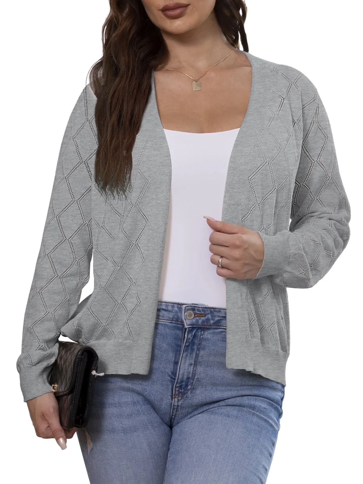 CPOKRTWSO Women's Lightweight Cardigan Open Front Long Sleeve Hollow Out Sweater (S-XXL)