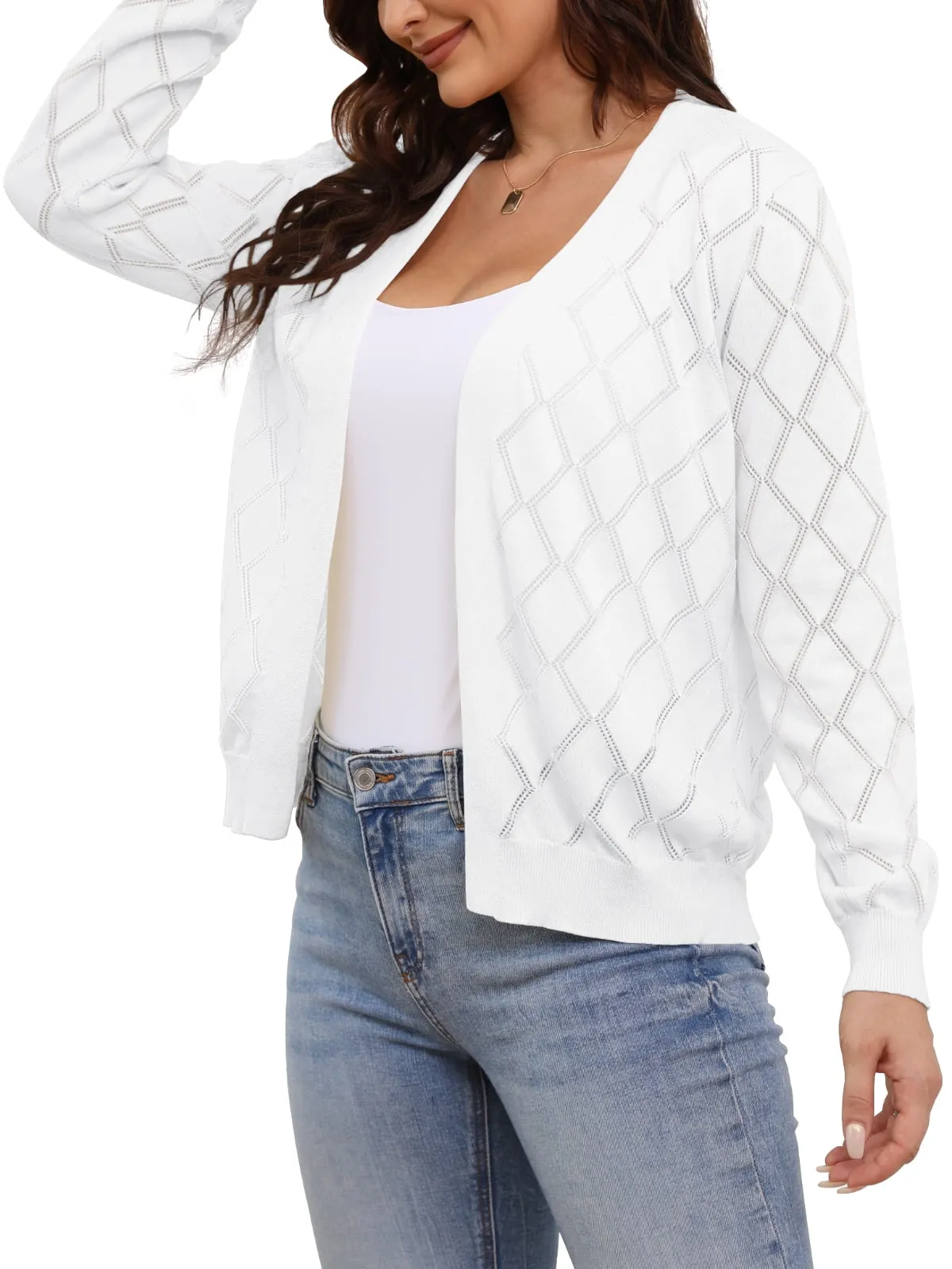 CPOKRTWSO Women's Lightweight Cardigan Open Front Long Sleeve Hollow Out Sweater (S-XXL)