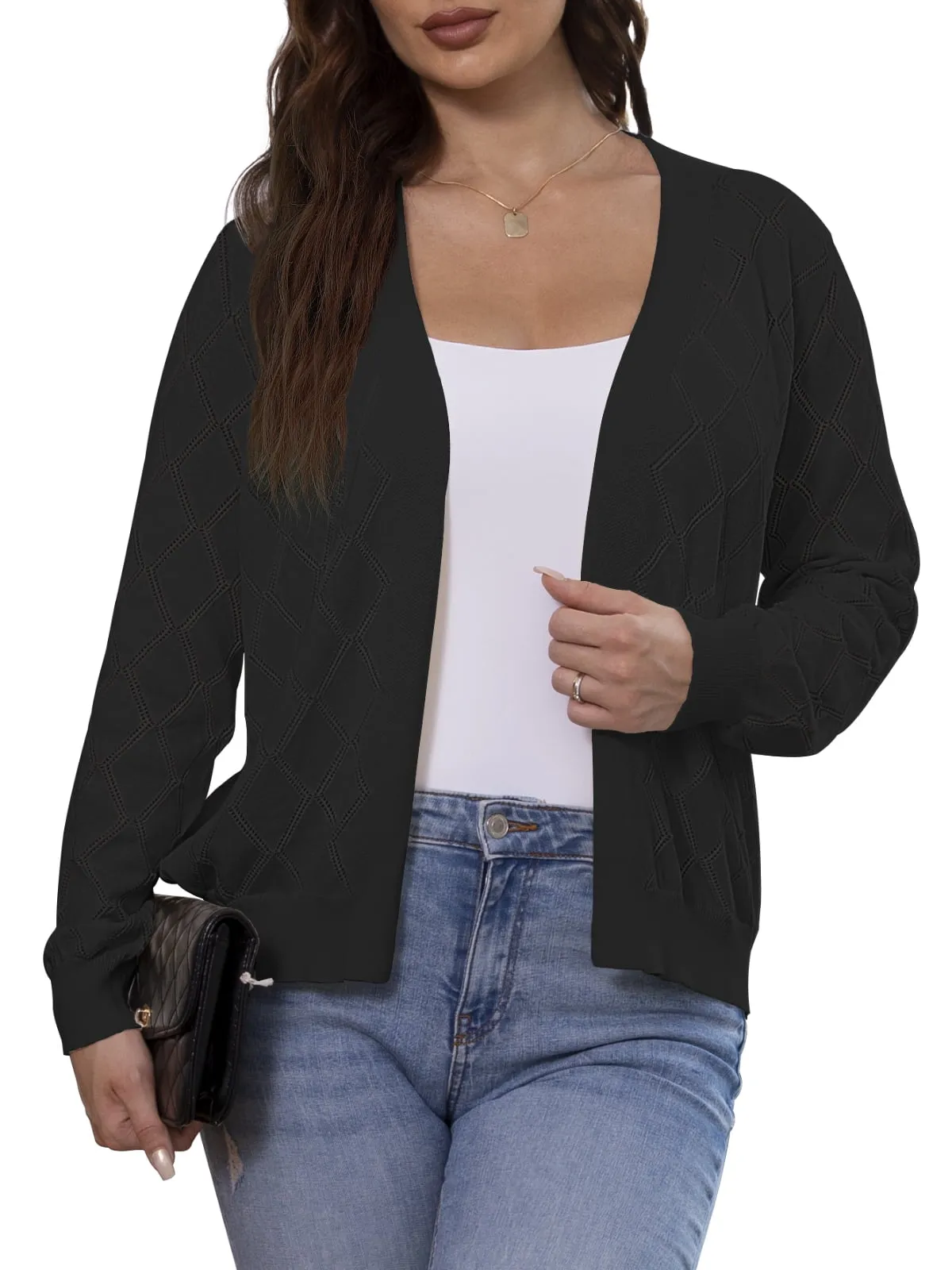 CPOKRTWSO Women's Lightweight Cardigan Open Front Long Sleeve Hollow Out Sweater (S-XXL)