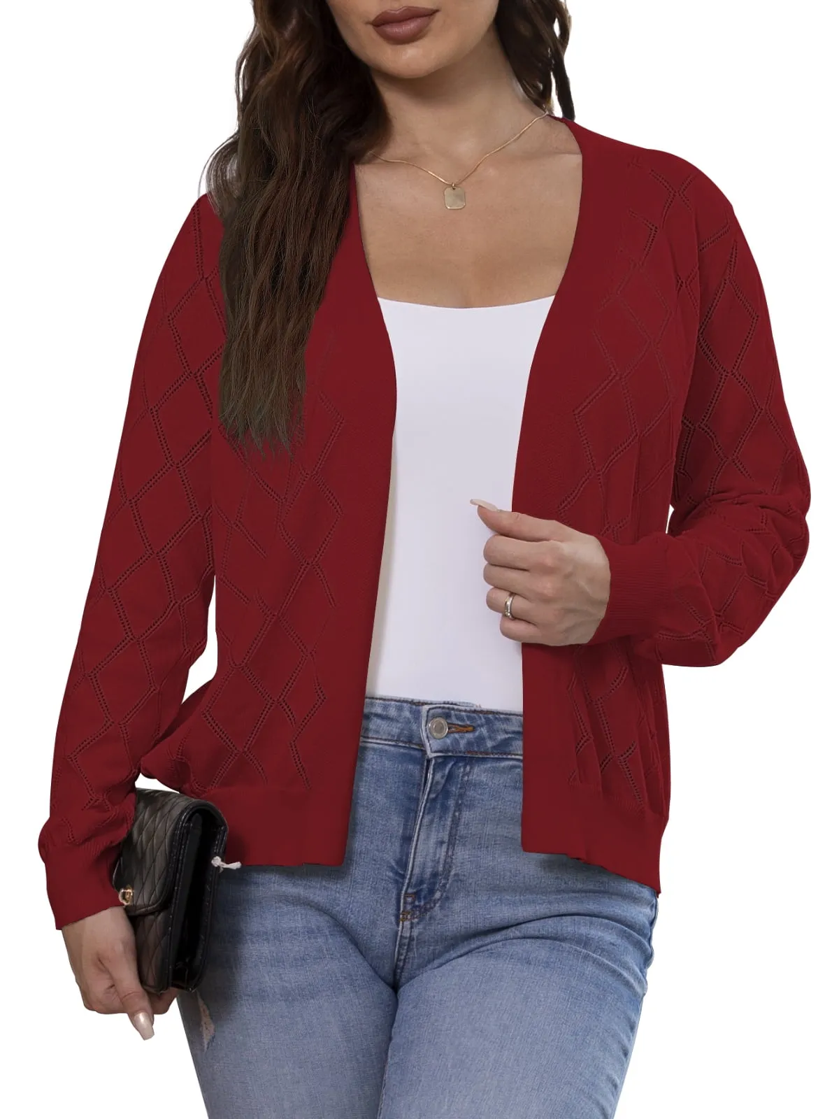 CPOKRTWSO Women's Lightweight Cardigan Open Front Long Sleeve Hollow Out Sweater (S-XXL)
