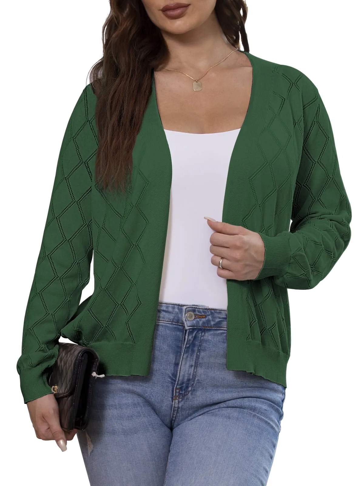 CPOKRTWSO Women's Lightweight Cardigan Open Front Long Sleeve Hollow Out Sweater (S-XXL)