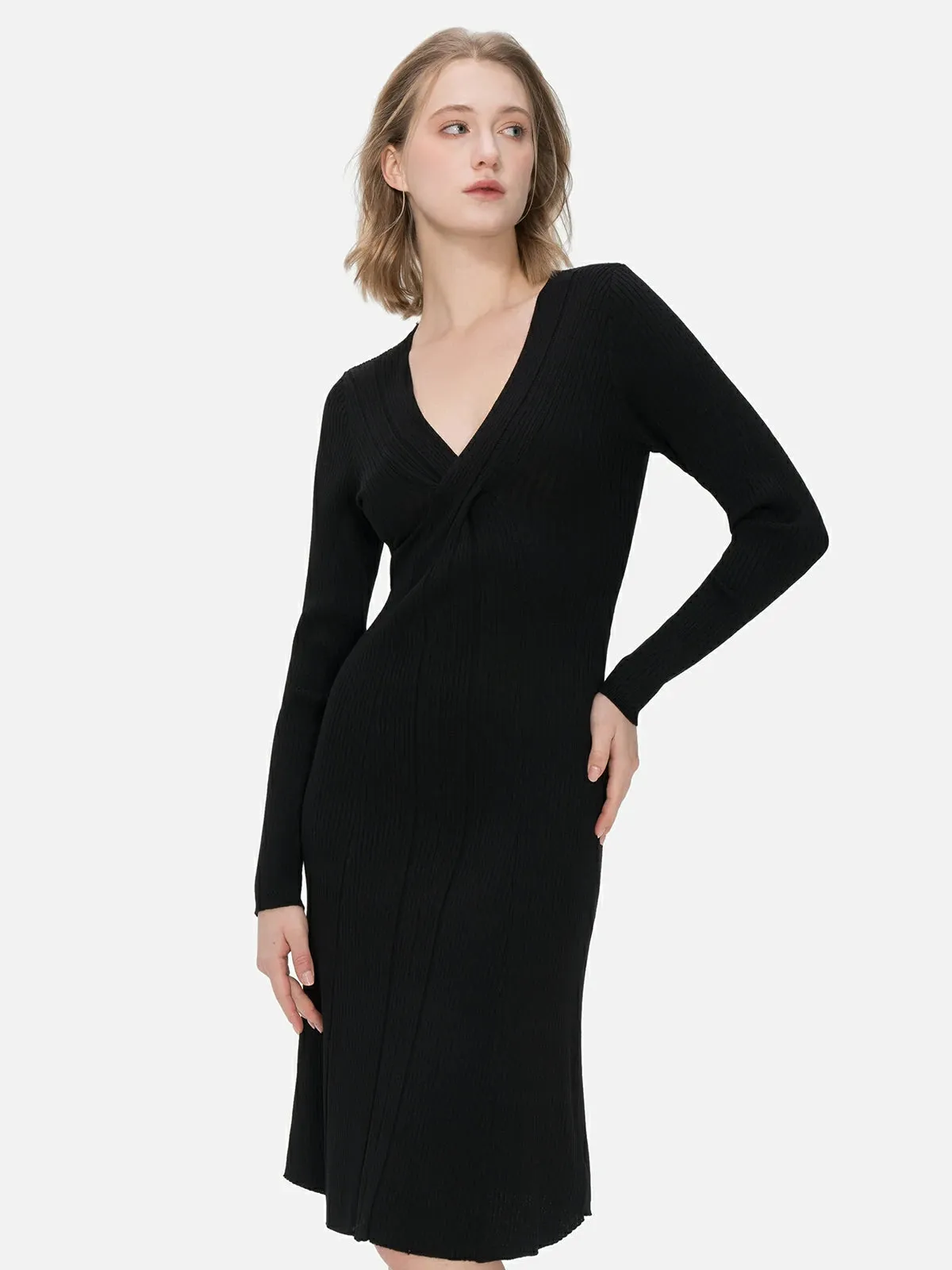 Cross V-neck Slim Fit Knit Midi Dress