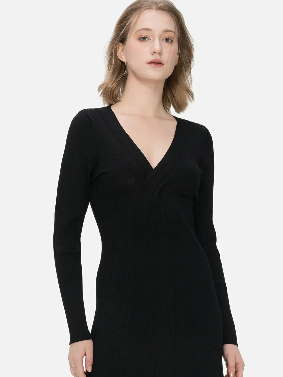 Cross V-neck Slim Fit Knit Midi Dress