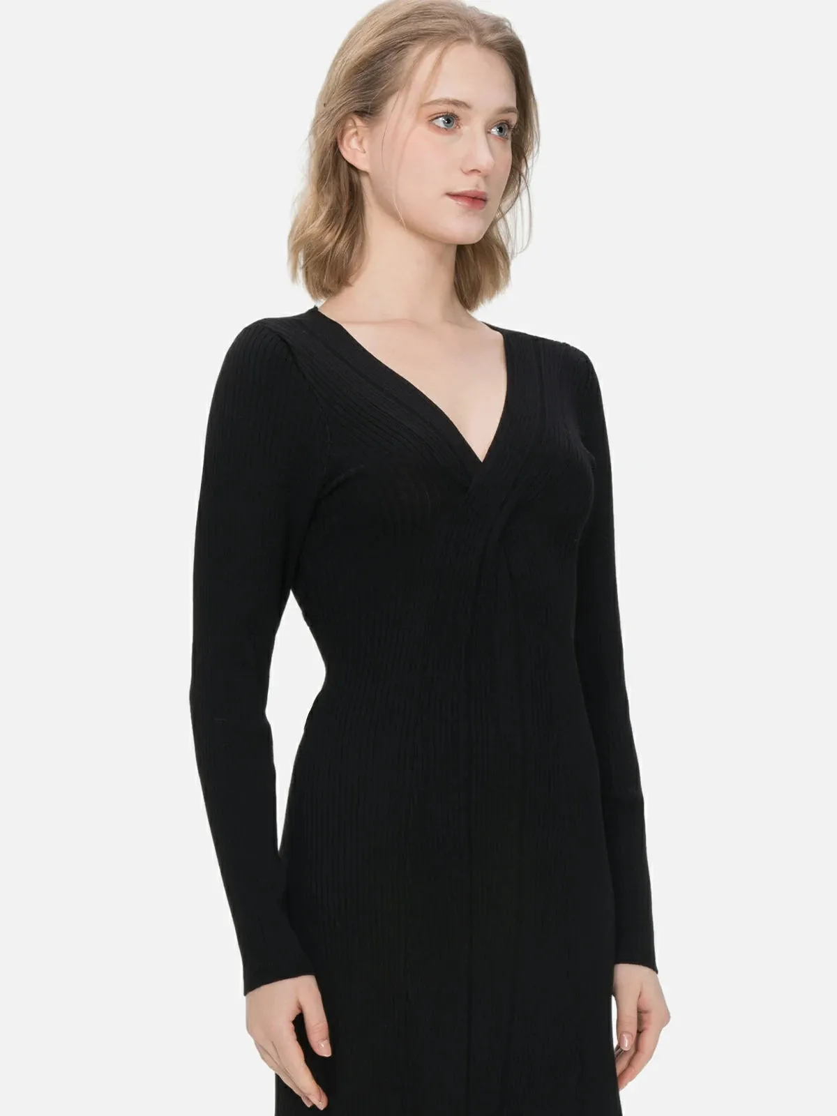 Cross V-neck Slim Fit Knit Midi Dress