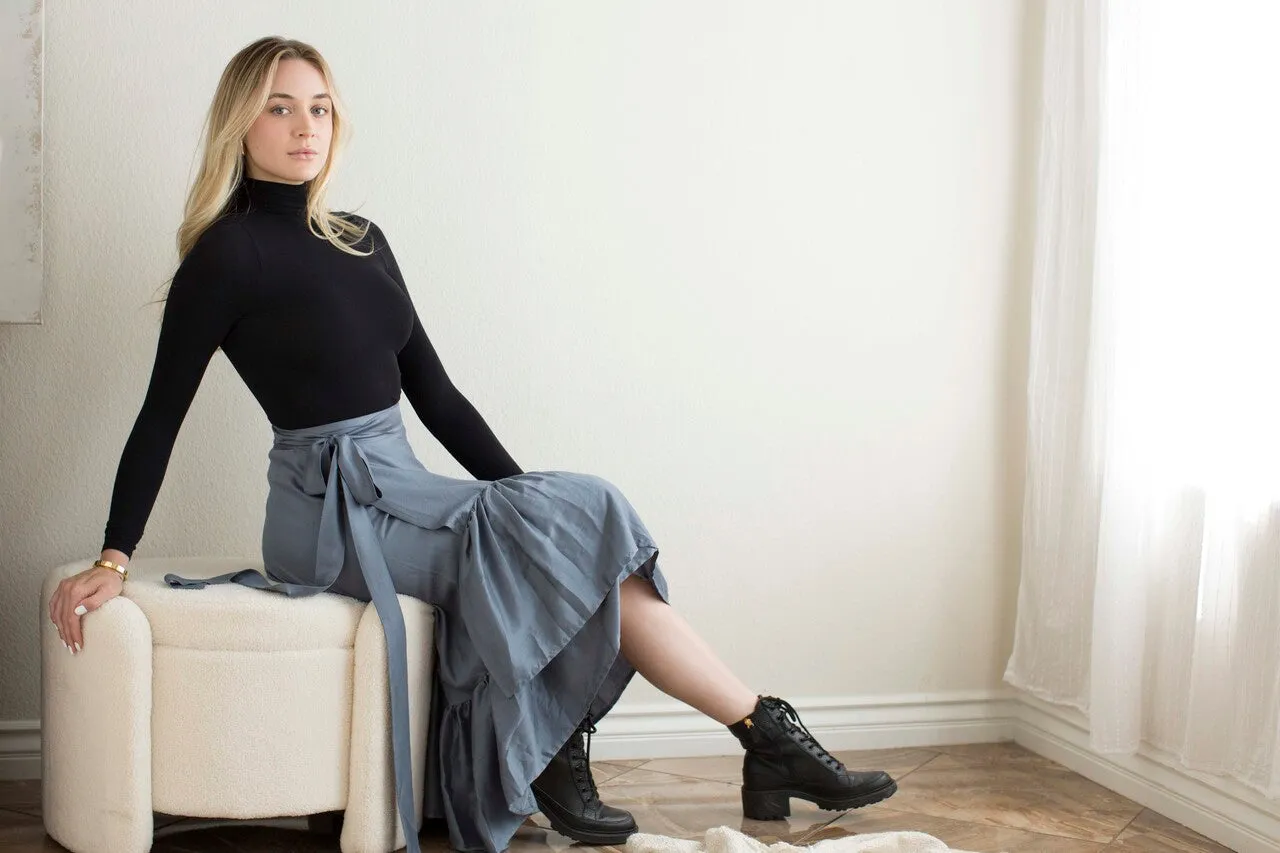 Faux Wrap Hi Lo Skirt- Slate