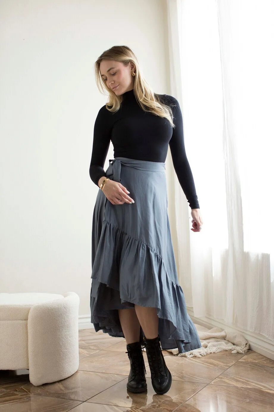 Faux Wrap Hi Lo Skirt- Slate