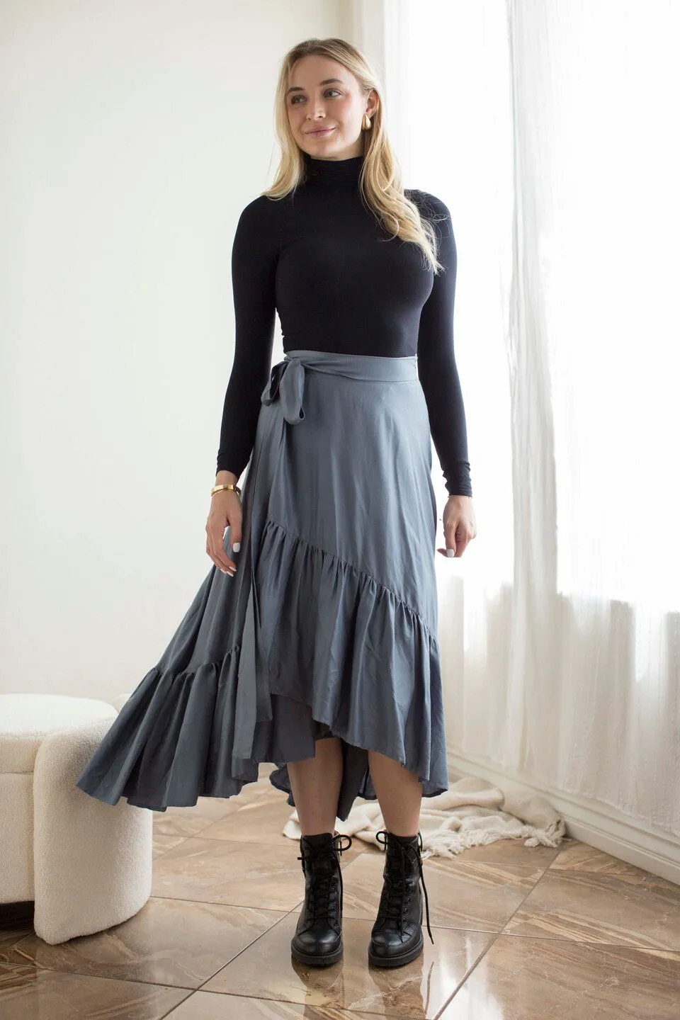 Faux Wrap Hi Lo Skirt- Slate