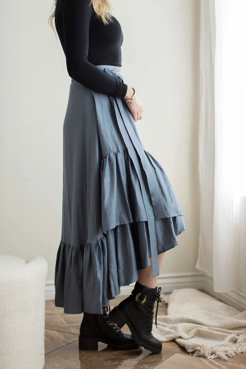 Faux Wrap Hi Lo Skirt- Slate