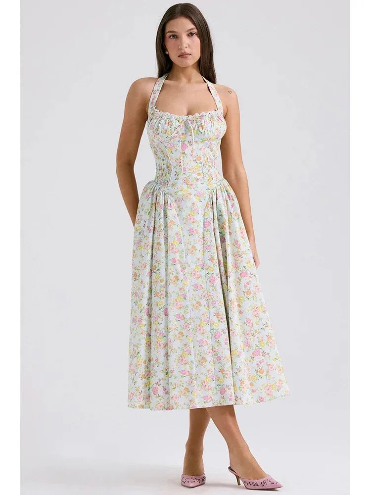 Floral Print Halter Tie Graceful Up Flare Midi Dress