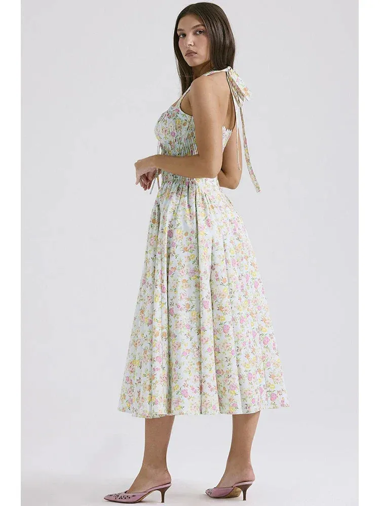 Floral Print Halter Tie Graceful Up Flare Midi Dress