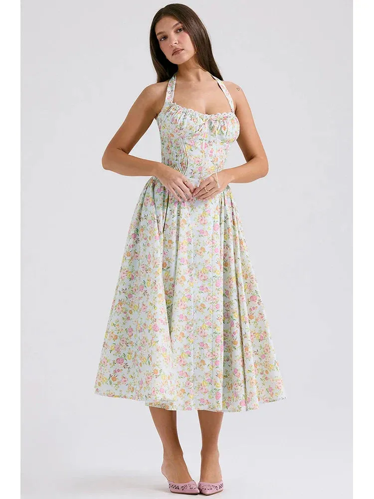 Floral Print Halter Tie Graceful Up Flare Midi Dress