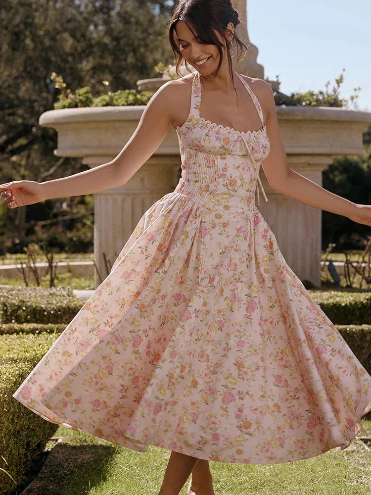 Floral Print Halter Tie Graceful Up Flare Midi Dress