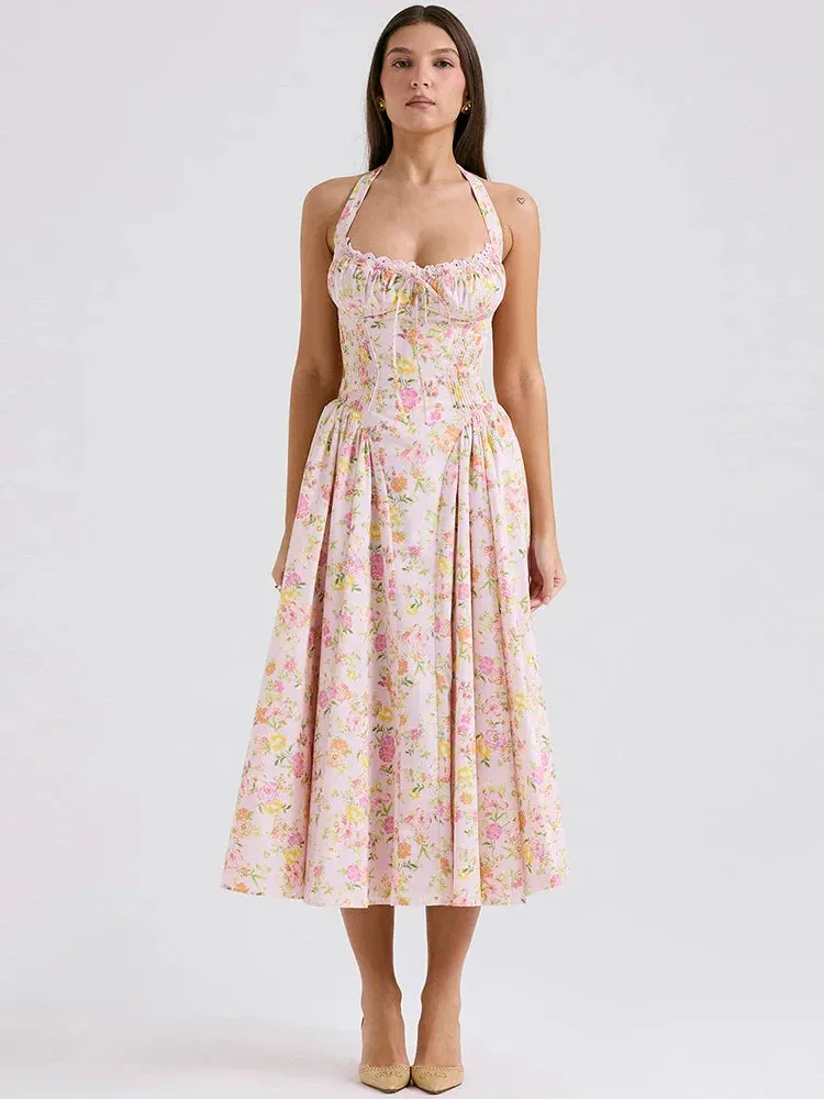 Floral Print Halter Tie Graceful Up Flare Midi Dress