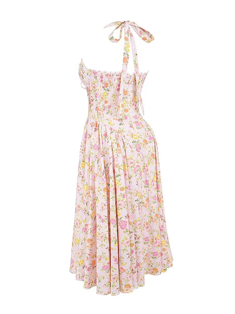 Floral Print Halter Tie Graceful Up Flare Midi Dress