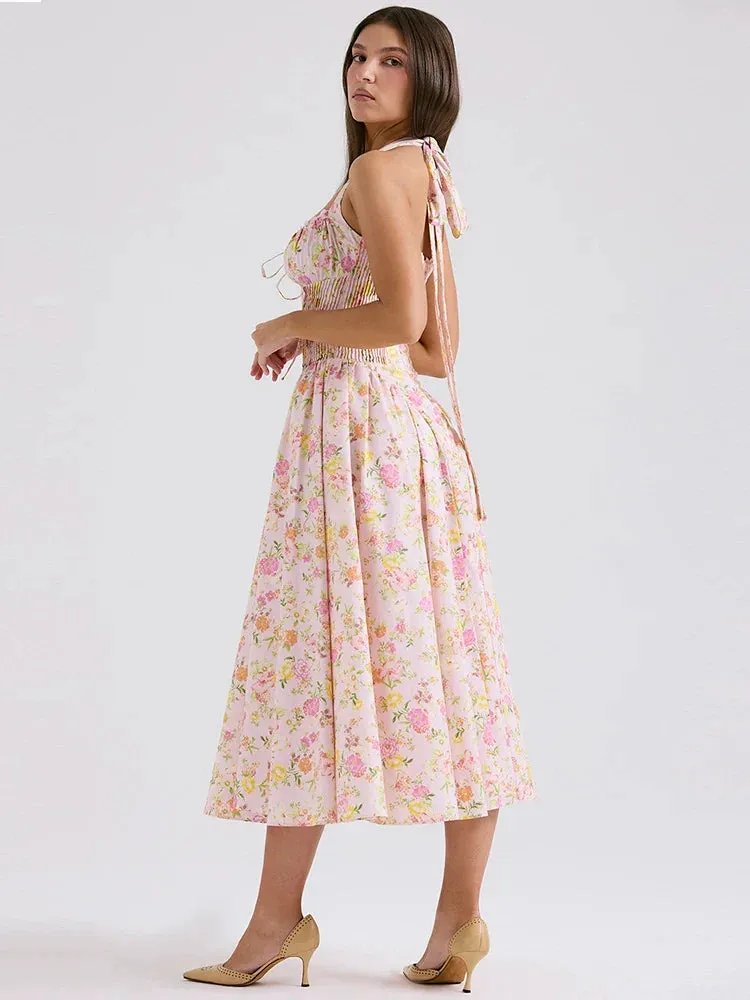 Floral Print Halter Tie Graceful Up Flare Midi Dress