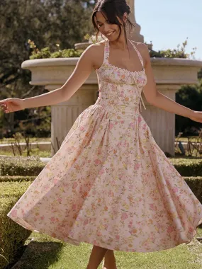 Floral Print Halter Tie Graceful Up Flare Midi Dress