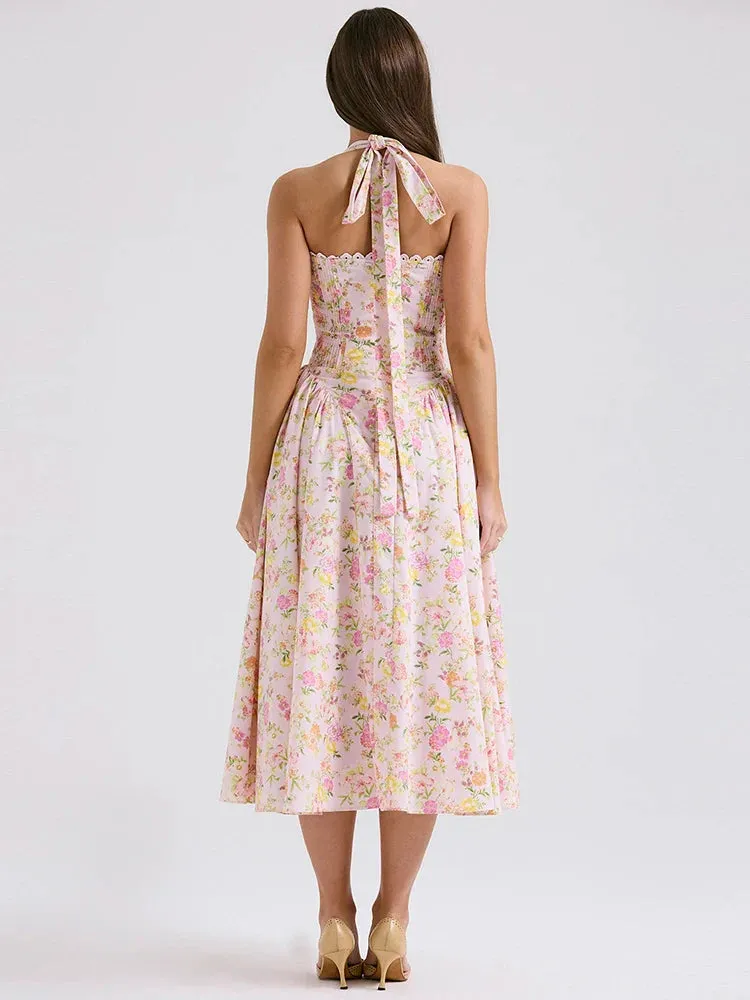 Floral Print Halter Tie Graceful Up Flare Midi Dress