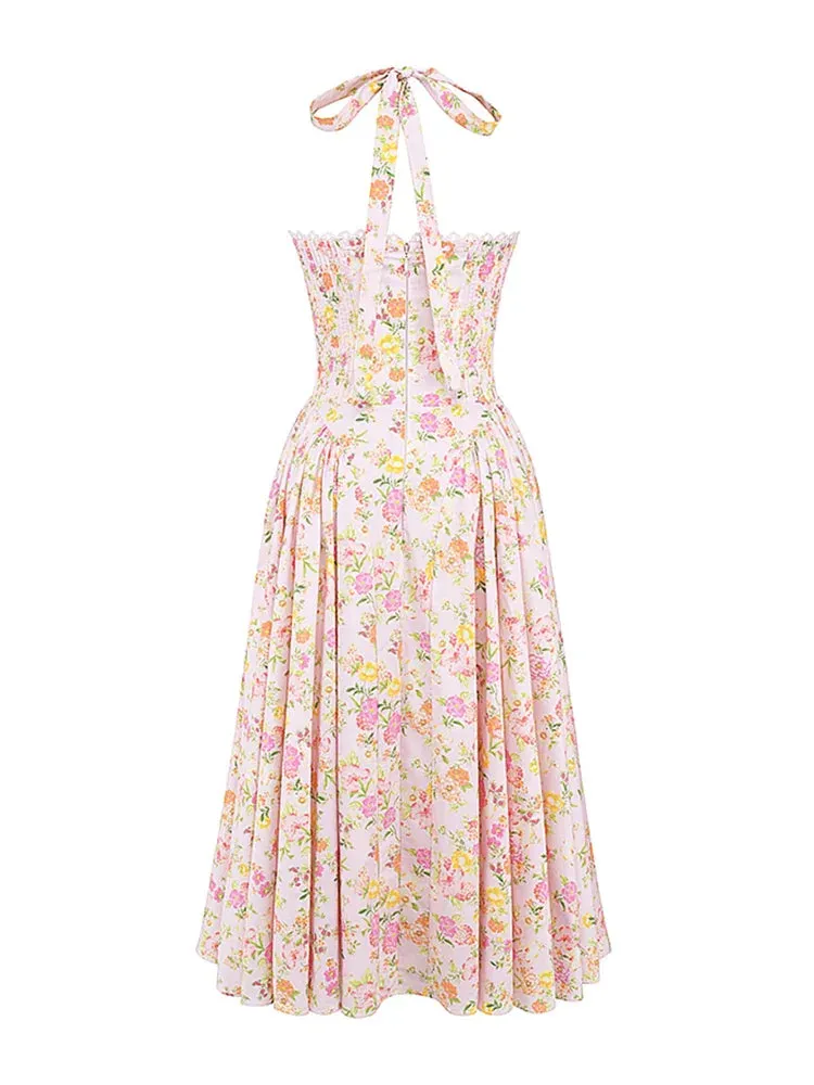 Floral Print Halter Tie Graceful Up Flare Midi Dress