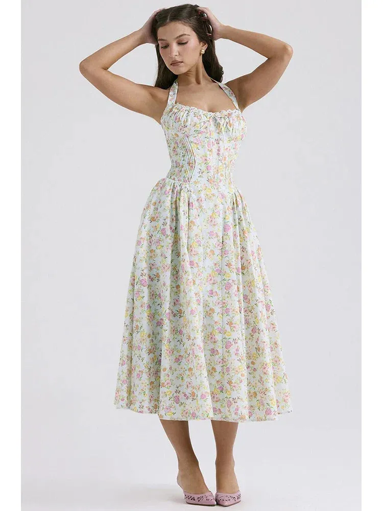 Floral Print Halter Tie Graceful Up Flare Midi Dress