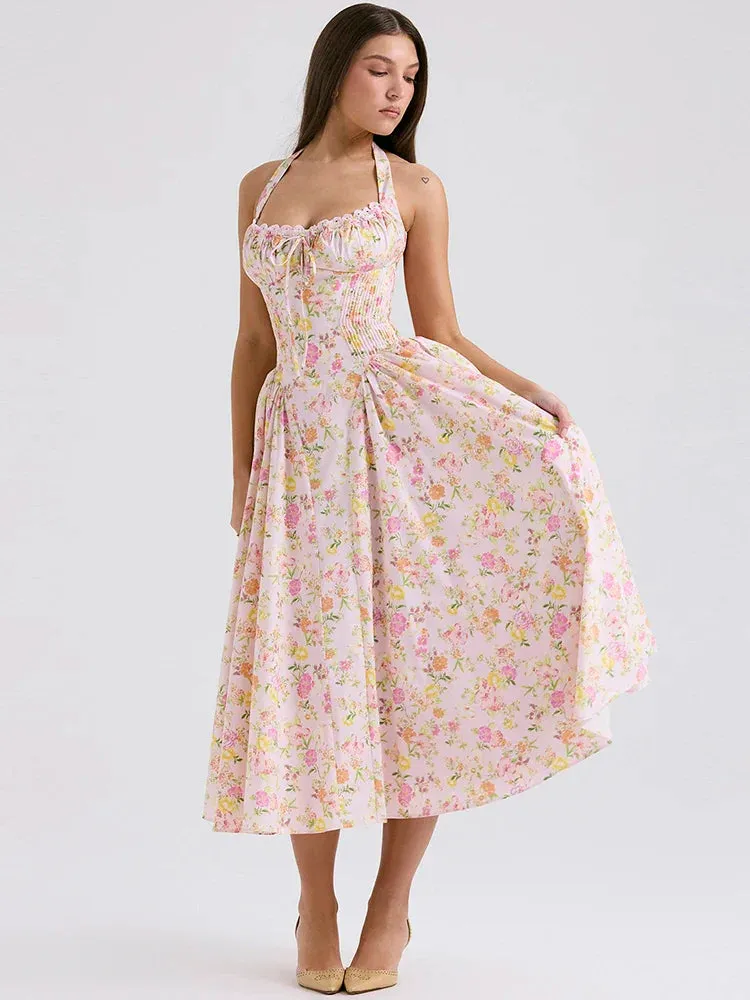 Floral Print Halter Tie Graceful Up Flare Midi Dress