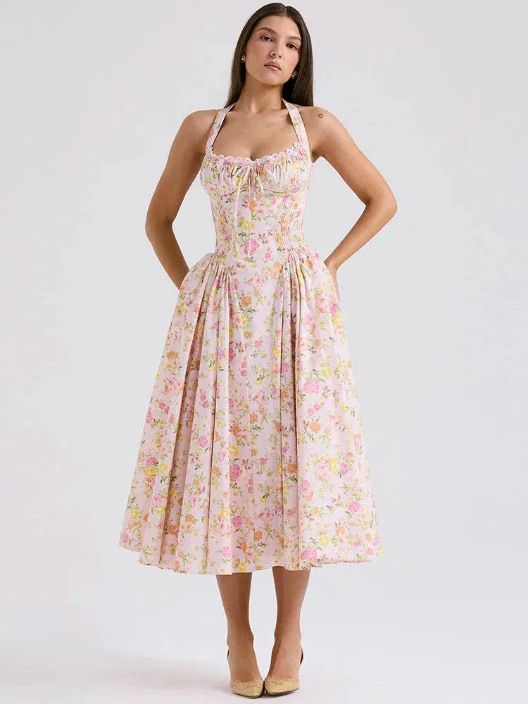 Floral Print Halter Tie Graceful Up Flare Midi Dress