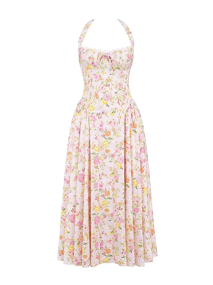 Floral Print Halter Tie Graceful Up Flare Midi Dress
