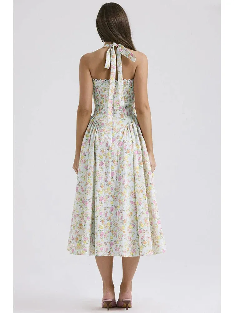 Floral Print Halter Tie Graceful Up Flare Midi Dress