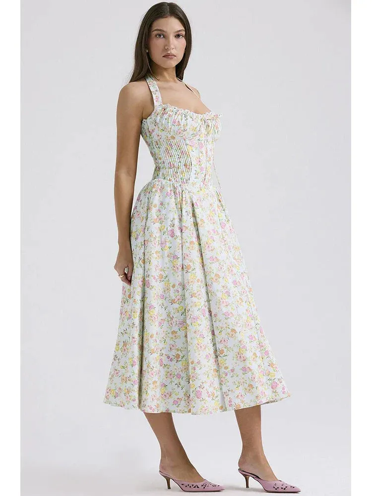 Floral Print Halter Tie Graceful Up Flare Midi Dress