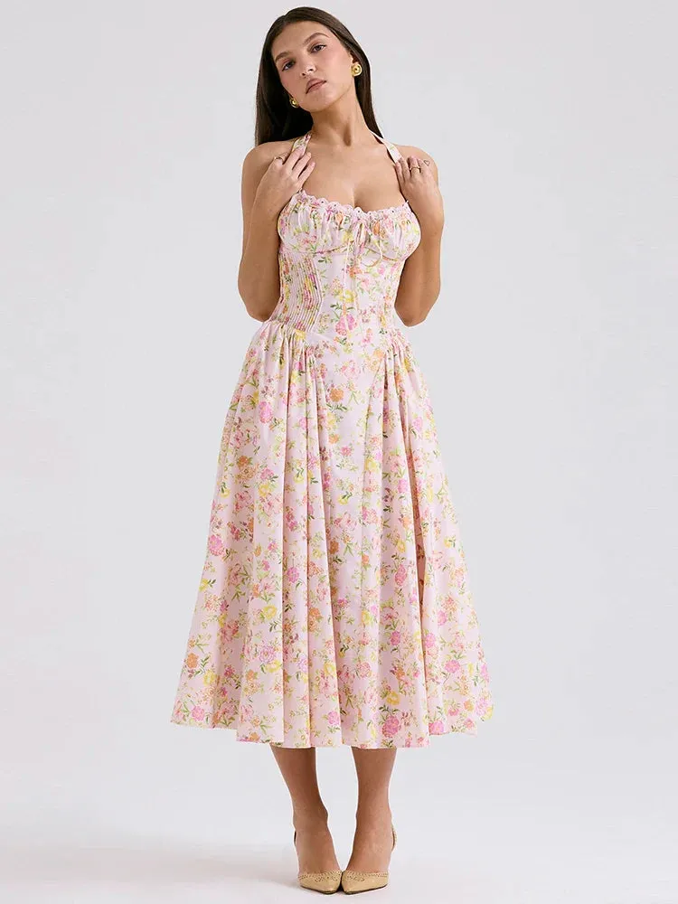 Floral Print Halter Tie Graceful Up Flare Midi Dress