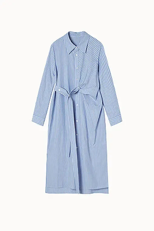 French Chic Wrap Waist Stripe Shirt Dress