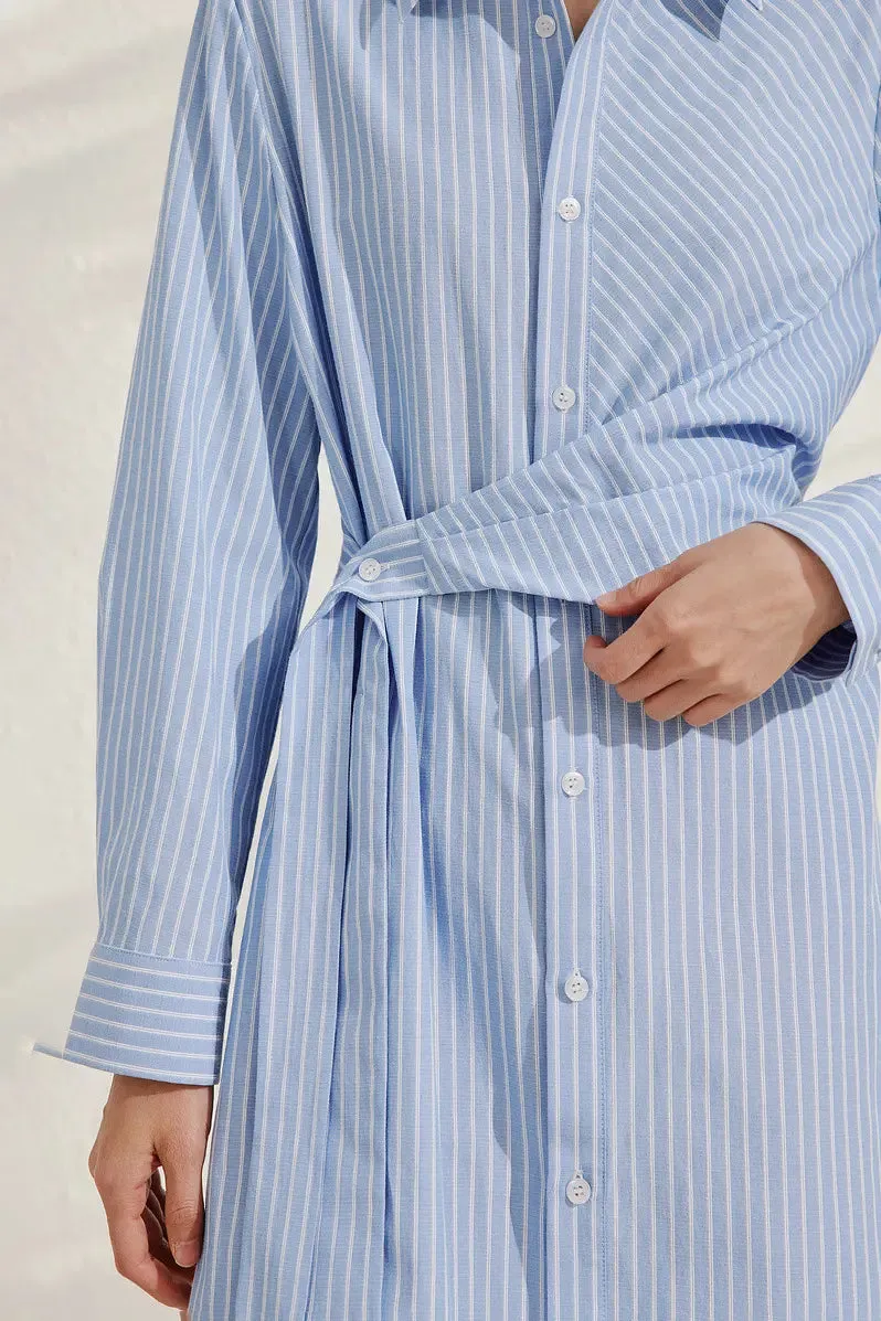 French Chic Wrap Waist Stripe Shirt Dress