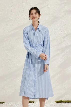 French Chic Wrap Waist Stripe Shirt Dress