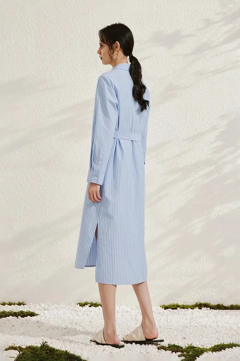 French Chic Wrap Waist Stripe Shirt Dress