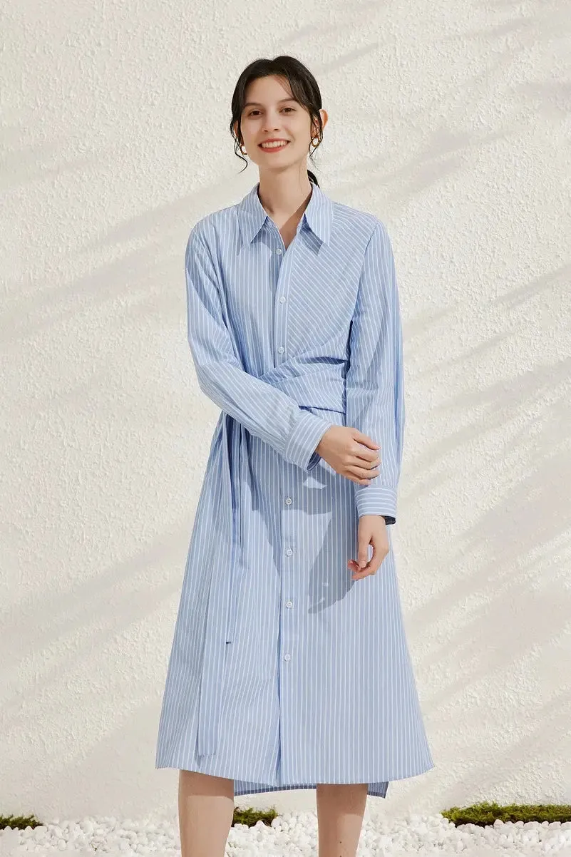 French Chic Wrap Waist Stripe Shirt Dress