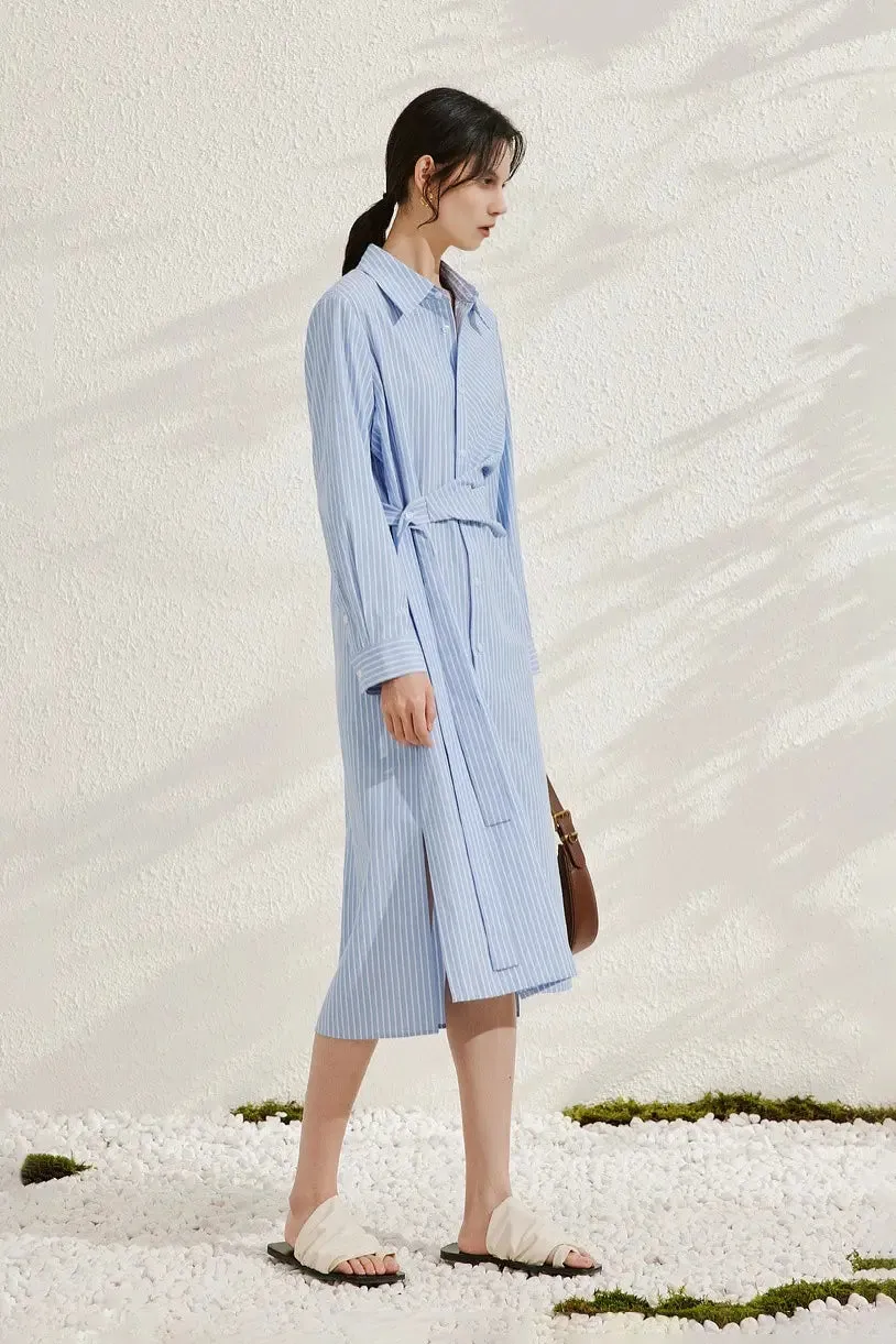 French Chic Wrap Waist Stripe Shirt Dress
