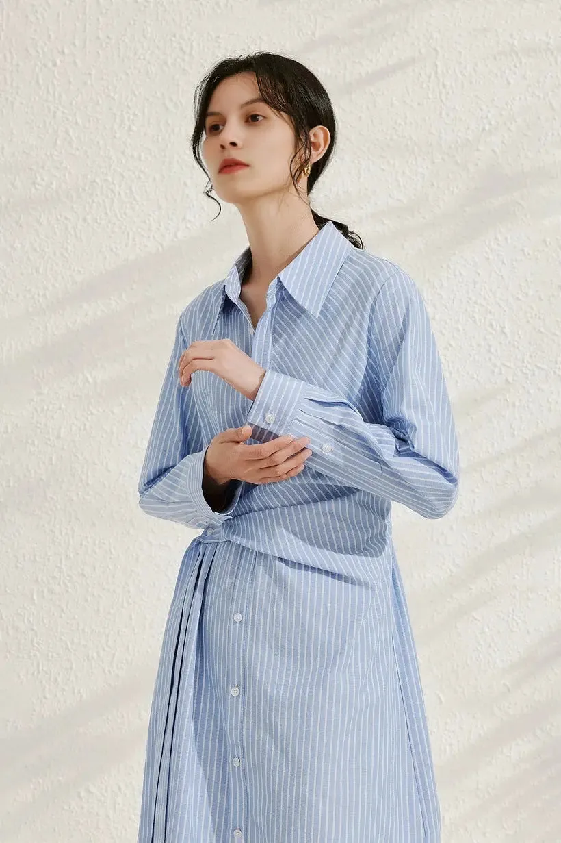 French Chic Wrap Waist Stripe Shirt Dress