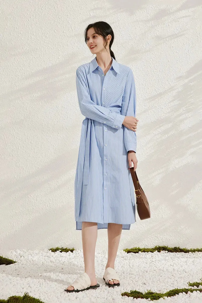 French Chic Wrap Waist Stripe Shirt Dress