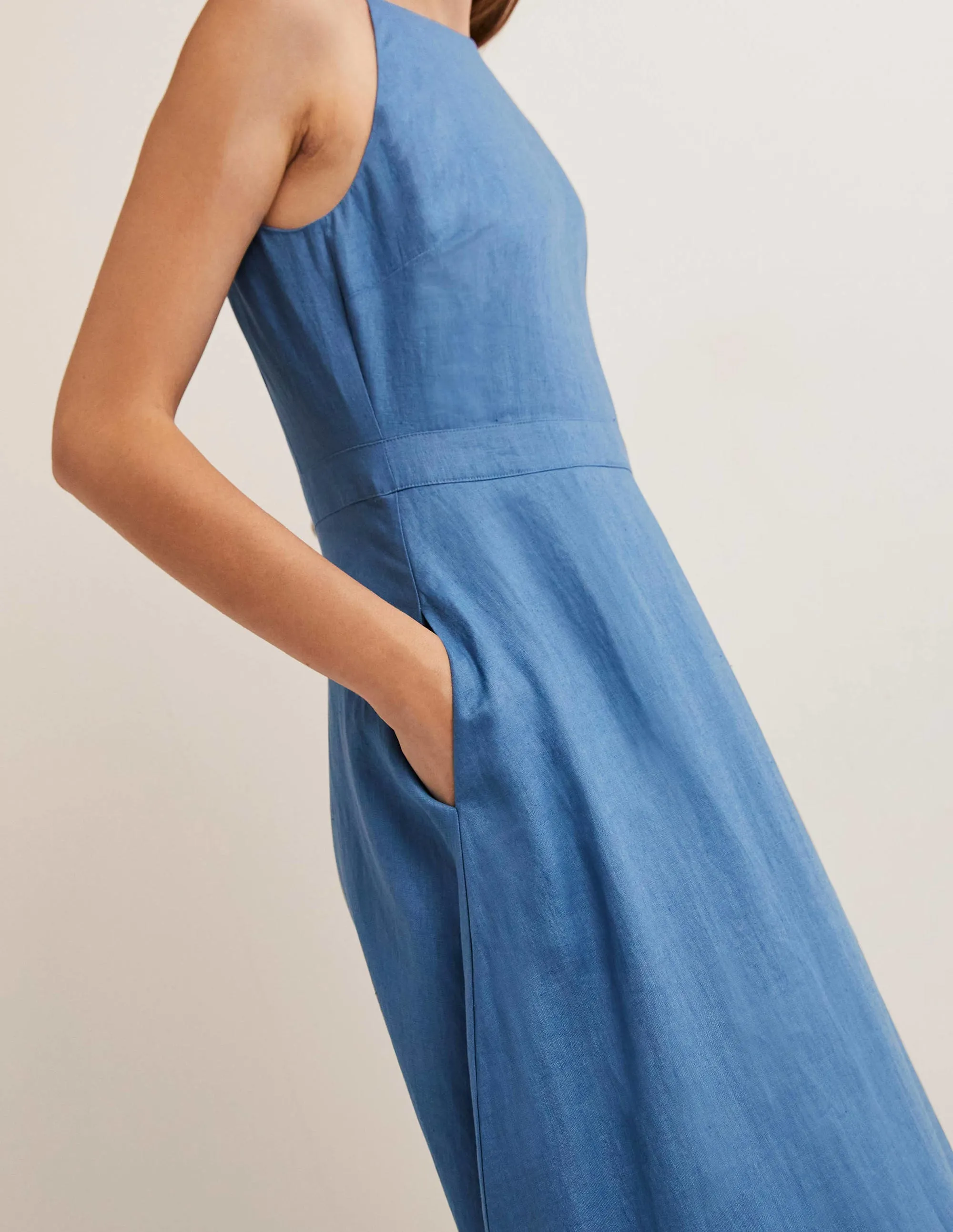 Halterneck Linen Midi Dress-Riviera Blue