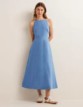 Halterneck Linen Midi Dress-Riviera Blue