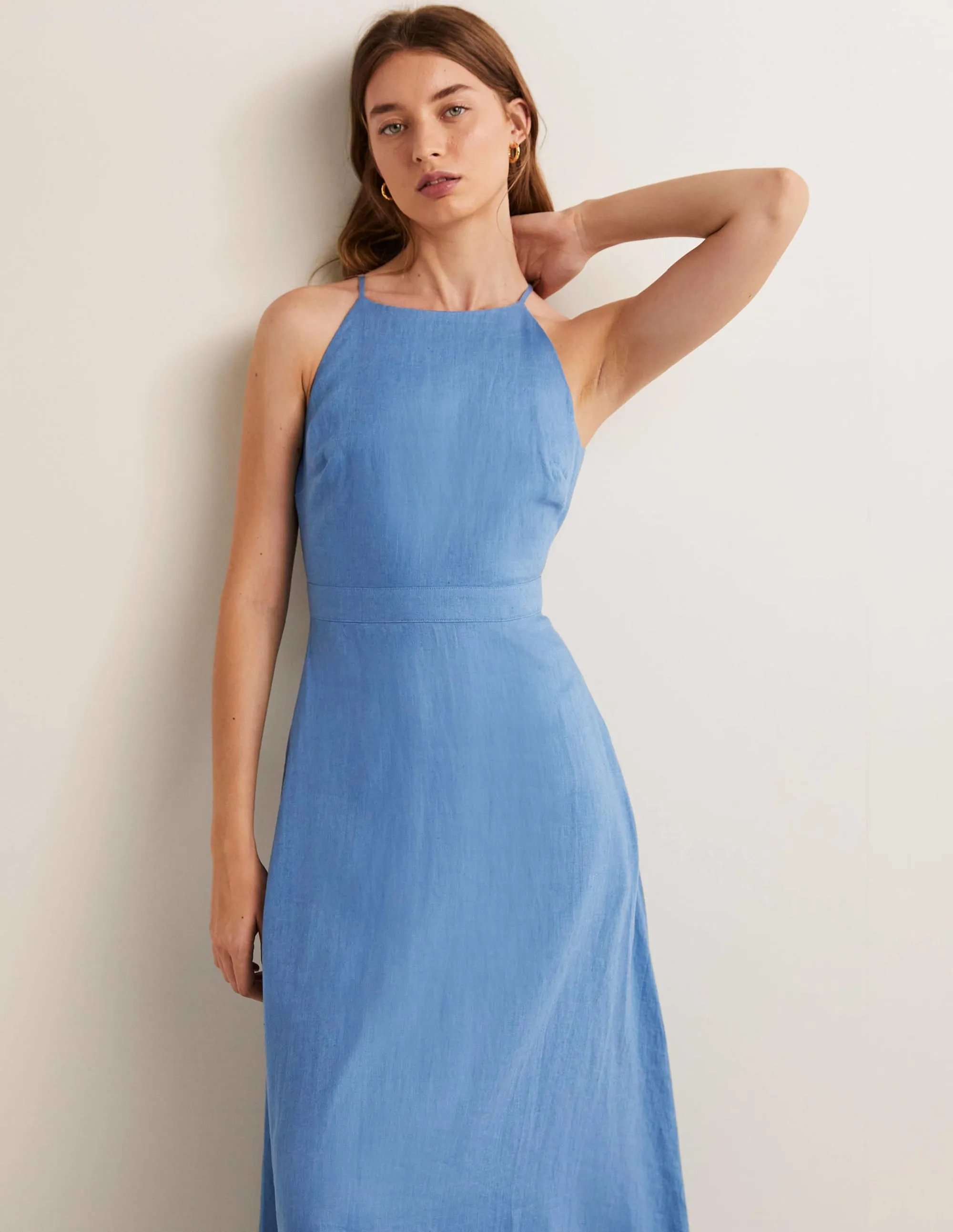 Halterneck Linen Midi Dress-Riviera Blue