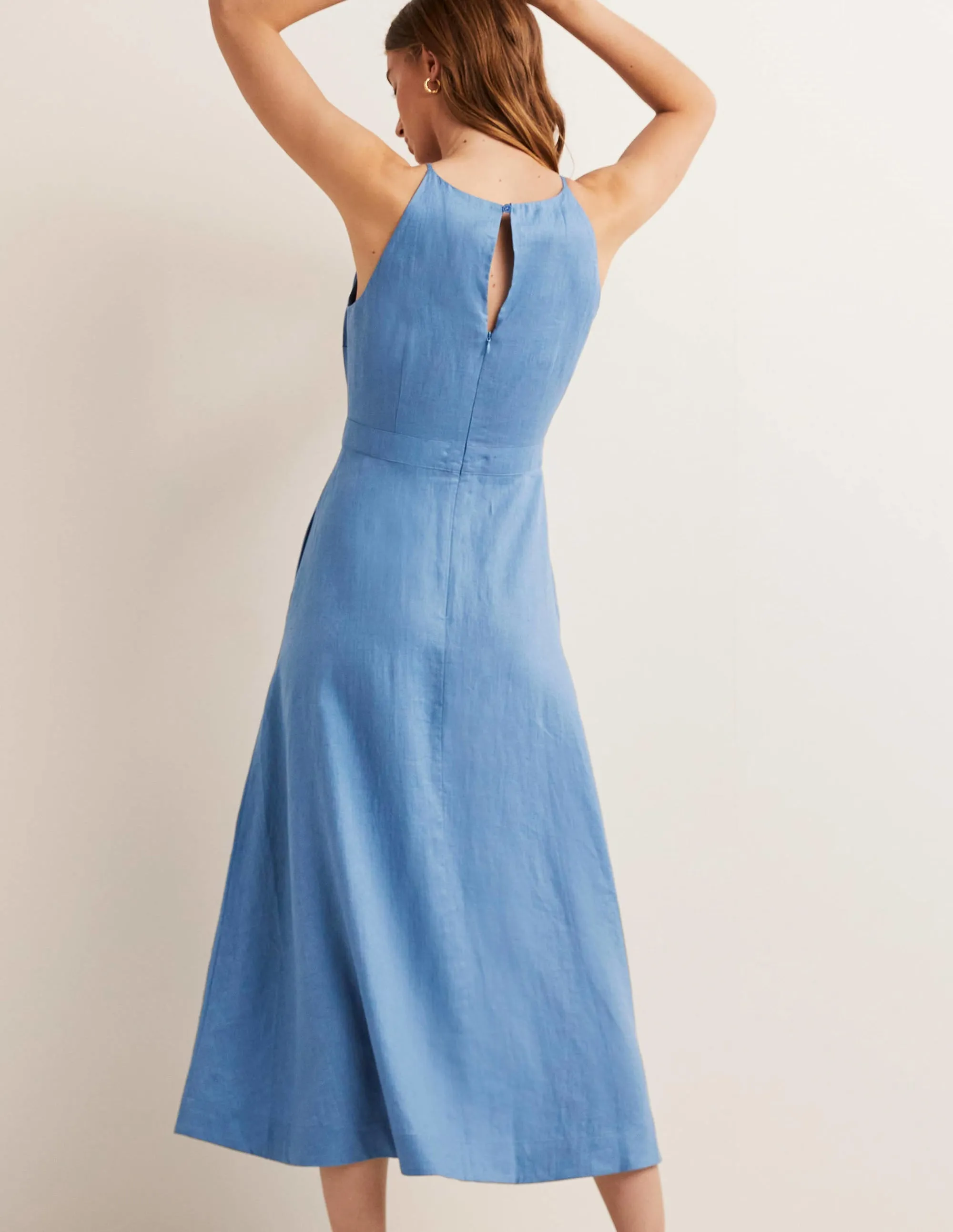 Halterneck Linen Midi Dress-Riviera Blue