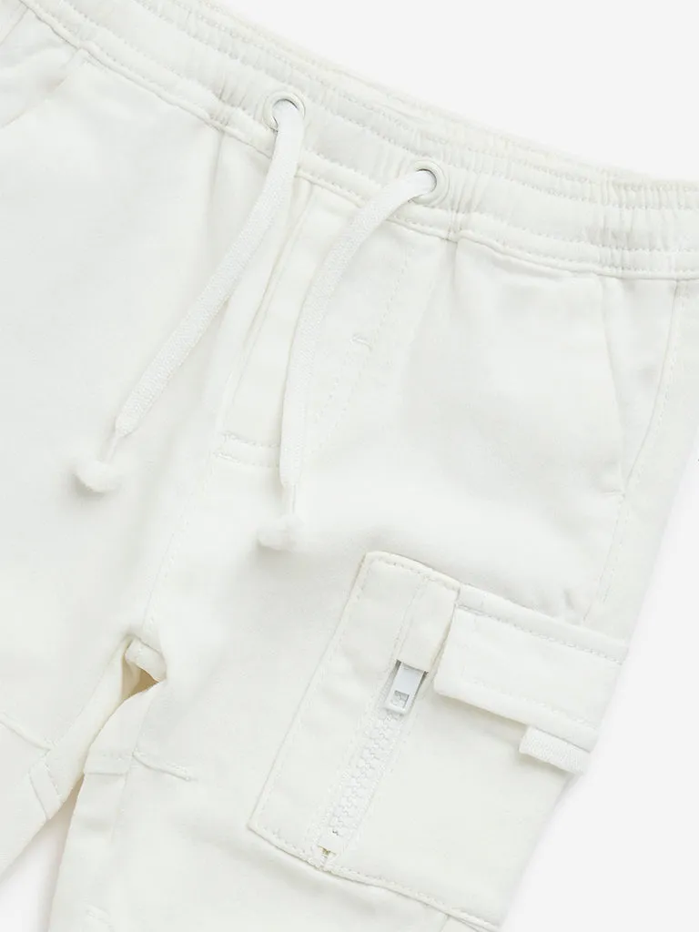 HOP Baby White Cargo-Style Mid-Rise Cotton-Blend Joggers